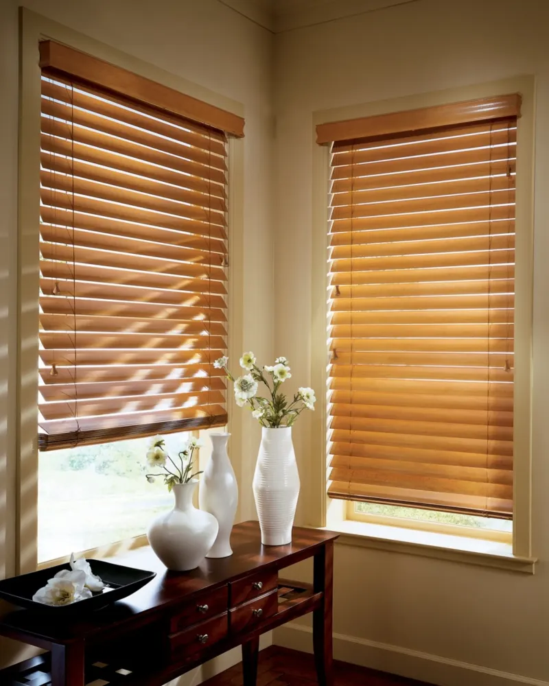 Faux wood blinds in dining room